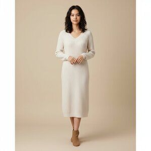 H&M Womens Xsmall Vneck Ribbed Wool Ivory Sweater Dress